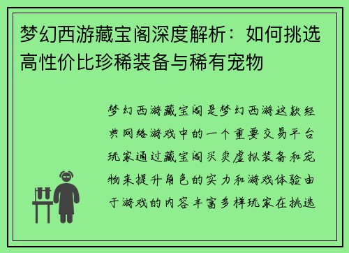梦幻西游藏宝阁深度解析：如何挑选高性价比珍稀装备与稀有宠物